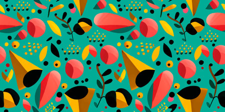 Colorful abstract modern seamless pattern illustration. Multicolored geometric shapes in contemporary style on turquoise background. Used for fabric, wallpaper and wrapping paper print.のイラスト素材