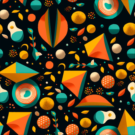 Colorful abstract 3d modern seamless pattern illustration. Multicolored geometric shapes in contemporary style on black background. Used for fabric, wallpaper and wrapping paper print.のイラスト素材