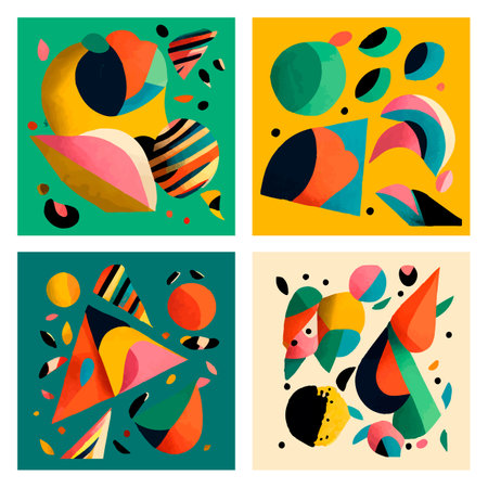 Collection of abstract modern art card illustration. Set of geometric shapes and colorful spots on flat color background. Used for flyer, cover and home deco.のイラスト素材
