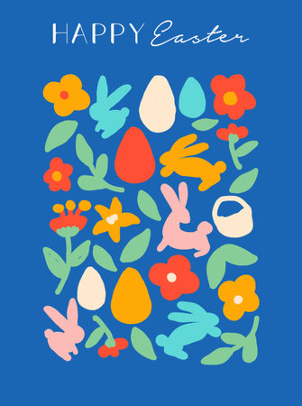 Happy Easter poster illustration with colorful hand drawn doodle elements in simple flat style. Cute spring elements decoration: rabbit, flower, leaf, leaves, bunny and egg on blue background.のイラスト素材