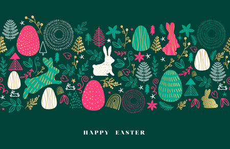 Happy Easter hand drawn doodle card illustration. Cute spring elements: rabbit, flower, leaf, leaves, pine tree, little bunny and egg in green and golden color. Greeting card illustration in folk style decoration.のイラスト素材