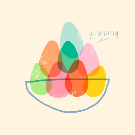 Stack of colorful Easter eggs in basket card illustration with colorful hand drawn doodle egg shapes in flat transparent style. Fun poster decoration in isolated background.のイラスト素材