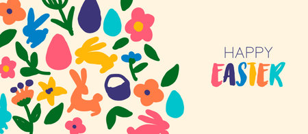 Happy Easter banner illustration with colorful hand drawn doodle elements in simple flat style. Cute spring elements decoration: rabbit, flower, leaf, leaves, bunny and egg in isolated background.のイラスト素材