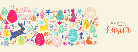 Happy Easter colorful hand drawn doodle greeting card illustration in folk style. Cute spring elements decoration: rabbit, flower, leaf, leaves, pine tree, little bunny and egg in isolated background.のイラスト素材
