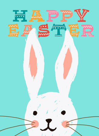 Happy Easter cute rabbit cartoon greeting card illustration. Sweet bunny hand drawn in pastel colors with long ears and whiskers on sky background. Colorful decorative text.のイラスト素材