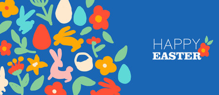 Happy Easter social media banner illustration with colorful hand drawn doodle elements in simple flat style. Cute spring elements decoration: rabbit, flower, leaf, leaves, bunny and egg on blue background.のイラスト素材