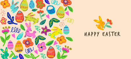 Happy Easter banner illustration with colorful hand drawn doodle elements in flat style. Fun spring elements decoration: rabbit, flower, leaf, leaves, bunny and egg in isolated background.のイラスト素材