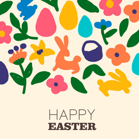 Happy Easter greeting card illustration with colorful hand drawn doodle elements in simple flat style. Cute spring elements decoration: rabbit, flower, leaf, leaves, bunny and egg in isolated background.のイラスト素材