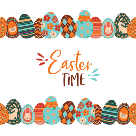Happy Easter cute cartoon greeting card illustration of colorful pastel painted rabbit eggs. Spring season hand drawn doodles, flowers, folk style decoration. Seamless pattern design.のイラスト素材