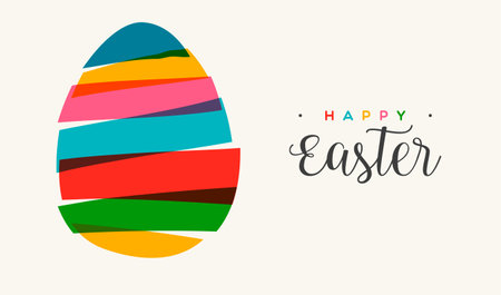 Easter egg poster in transparent bright colors in collage style. Multicolored cut out stripe design. Used for greeting cards, banners and promotions.のイラスト素材