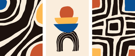 Collection of abstract contemporary posters. Minimalist set of hand drawn illustrations for interior decoration. Black and white shapes with color accents vector illustration design set.のイラスト素材
