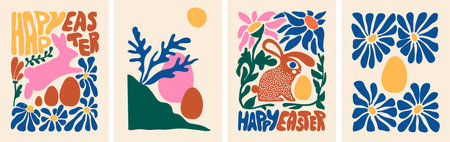 Happy Easter greeting card illustration set in doodle matisse art style. Colorful elements collection: flowers, rabbit, leaf, basket, egg and quote text in freehand organic shapes composition on isolated background.のイラスト素材