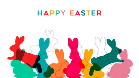 Happy Easter greeting card illustration with different silhouettes of rabbits in transparent bright flat colors design on isolated background. Colorful card to celebrate this spring season.のイラスト素材