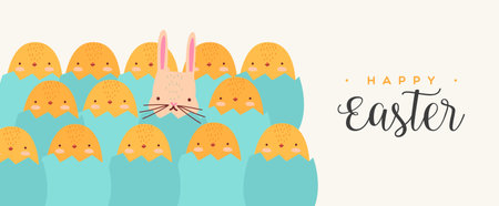 Group of easter eggs with yellow chicks and a rabbit hatching in cartoon flat design style. Fun banner for spring season.のイラスト素材