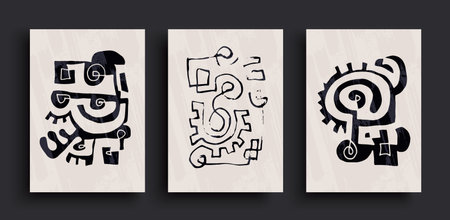 Collection of abstract line art contemporary posters. Matisse inspired shapes for interior decoration. Black and white hand drawn vector illustration design set.のイラスト素材
