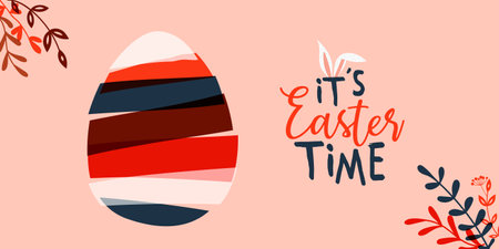 Easter egg in transparent pastel colors in collage style. Multicolored cut out stripe design with leaves and flowers. Used for greeting cards, banners and promotions.のイラスト素材