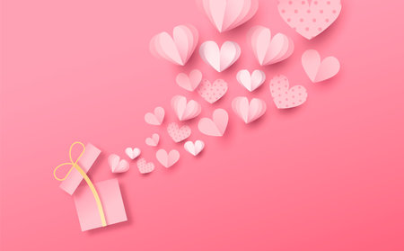 Papercut open pink gift box with 3d hearts for valentine's day or romantic date background. Realistic paper craft design of love explosion, surprise present.のイラスト素材
