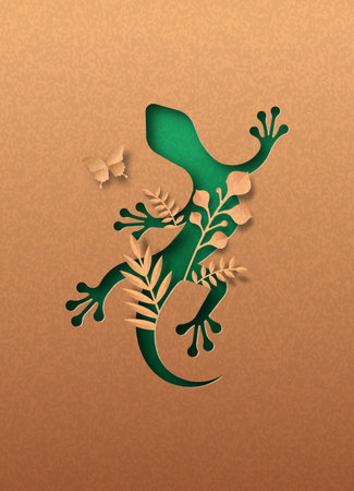 Green gecko animal isolated papercut silhouette with tropical plant leaf inside. Recycled paper texture lizard cutout. Wildlife conservation, jungle protection or natural product concept.のイラスト素材