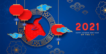 Chinese New Year of the ox 2021 traditional red blue greeting card illustration. Modern 3d papercut bull head with paper lantern and gold asian decoration background for special china event.のイラスト素材