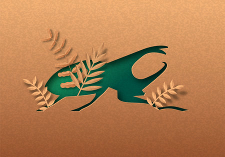 Green rhinoceros beetle isolated papercut silhouette with tropical plant leaf inside. Recycled paper texture insect cutout. Wildlife conservation or natural product concept.のイラスト素材