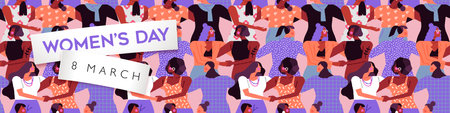International Women's Day web banner illustration. Diverse women of different cultures and ages. Modern flat cartoon female characters together for social holiday event.のイラスト素材