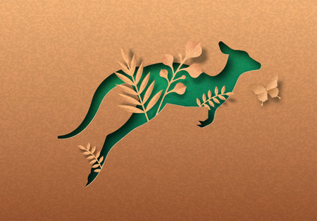 Green kangaroo animal isolated papercut silhouette with tropical plant leaf inside. Recycled paper texture wallaby cutout. Wildlife conservation, australian ecology or natural product concept.のイラスト素材