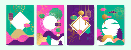 Colorful asian celebration background template set. Luxury gold illustration with traditional chinese lantern, firework and mountain landscape. China or japanese culture festival poster collection.のイラスト素材