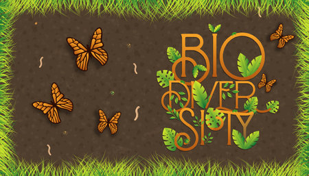 Biodiversity text quote sign made of diverse green plant leaves with underground worms and butterfly. Nature care concept, wildlife conservation design in flat cartoon style.のイラスト素材
