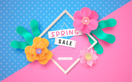 Spring season sale template illustration. Special discount promotion, pink paper cut flower frame background with papercut floral decoration. Seasonal clearance event or online shop offer design.のイラスト素材
