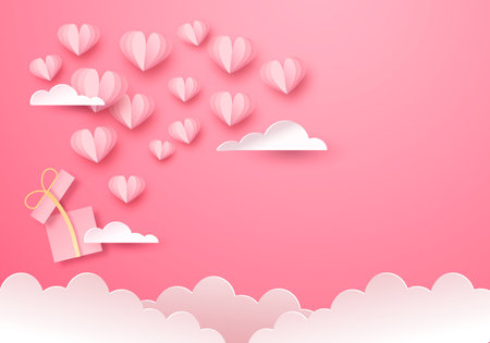 Papercut open pink gift box in cloud sky with 3d hearts for valentine's day or romantic date background. Realistic paper craft design of love explosion, surprise present.のイラスト素材