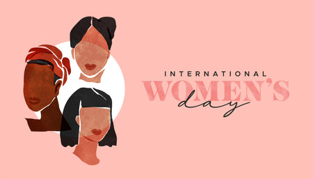 International Women's Day greeting card illustration. Diverse ethnic women portraits. Modern abstract art female friends painting for social holiday event.のイラスト素材