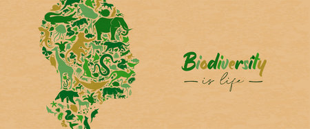 Green animal icon shapes set illustration on recycled paper texture. Diverse wild animals silhouette making human head shape for eco friendly concept or nature connection campaign.のイラスト素材