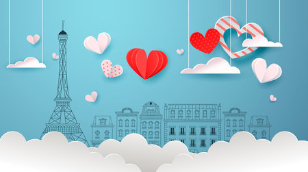 Valentine's Day background illustration concept. Cute paris city doodle with realistic 3d papercut sky clouds, hearts and paper plane. Romantic event design.のイラスト素材