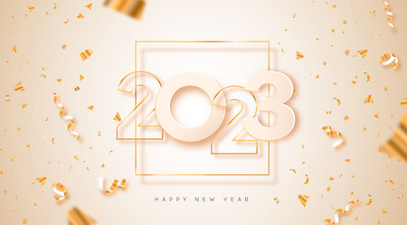 Happy New Year 2023 greeting card illustration. Realistic 3d gold number date sign on white background with golden party confetti. Luxury celebration invitation design for special holiday event.のイラスト素材