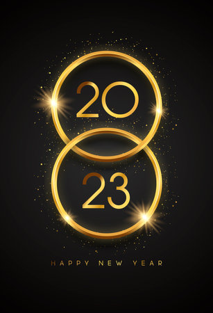 Happy New Year 2023 vertical greeting card illustration. Gold 3d ring frame with party glitter and calendar number date on black background. Luxury VIP celebration event design concept.のイラスト素材