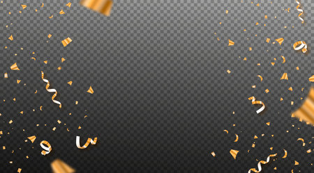 Realistic 3d gold color party confetti falling in transparent background illustration. Trendy fashion holiday design elements for special event, Christmas, new year, anniversary or birthday celebration.のイラスト素材
