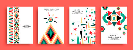 Merry Christmas Happy New Year abstract geometric greeting set card. Collection of winter elements decoration, basic shapes composition design in pastel colors for party invitation or xmas season wish.のイラスト素材