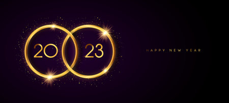 Happy New Year 2023 vertical web banner illustration. Gold 3d ring frame with party glitter and calendar number date on dark background. Luxury VIP celebration event design concept.のイラスト素材