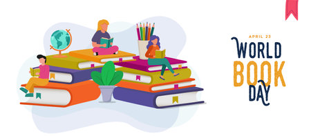 World book day banner illustration of diverse young people team reading colorful books together on white isolated background. School education group concept for april 23 event.のイラスト素材