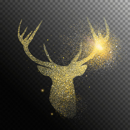 Christmas and New Year holiday gold glitter deer head in transparent background. Shiny golden particles of fairy dust reindeer shape. Magical light effect for luxury festive greeting card, banner or poster illustration.のイラスト素材
