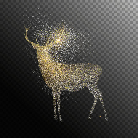 Christmas and New Year holiday gold glitter deer in transparent background. Shiny golden particles of fairy dust reindeer shape. Magical light effect for luxury festive greeting card, banner or poster illustration.のイラスト素材