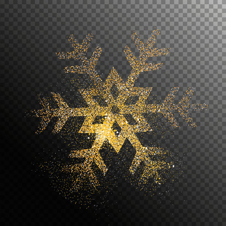 Christmas and New Year holiday gold glitter snowflake in transparent background. Shiny golden particles of fairy dust snow star shape. Magical light effect for luxury festive greeting card, banner or poster illustration.のイラスト素材