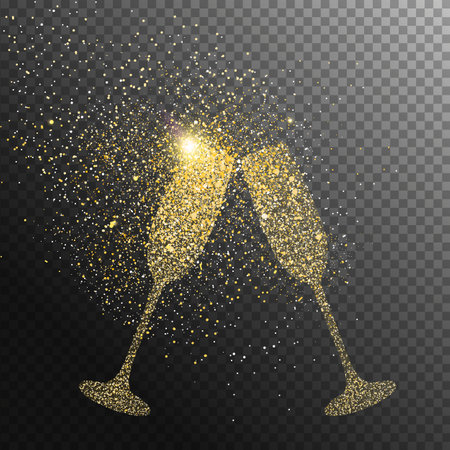Christmas and New Year holiday gold glitter champagne glass in transparent background. Shiny golden particles of fairy dust sparkling wine glass shape. Magical light effect for luxury festive greeting card, banner or poster illustration.のイラスト素材