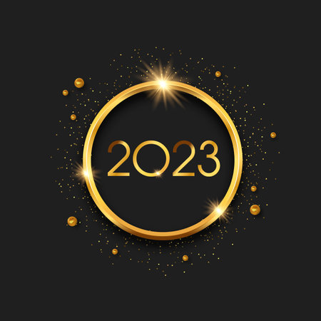 New Year 2023 in realistic gold 3d circle frame on isolated black background with golden glitter dust and luxury pearls. Greeting card whit sparkle particles and calendar number date on black background. Luxury VIP celebration event design concept.のイラスト素材