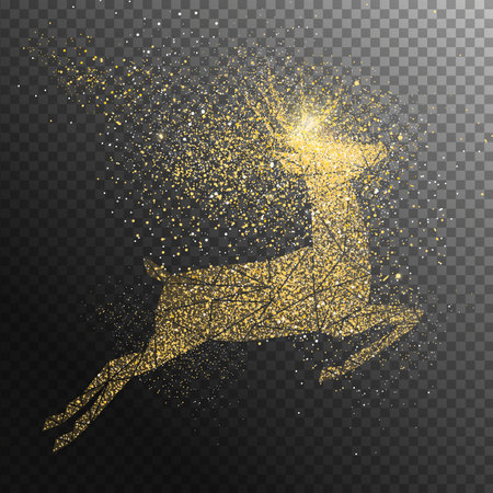 Christmas and New Year holiday gold glitter jumping deer in transparent background. Shiny golden particles of fairy dust reindeer shape. Magical light effect for luxury festive greeting card, banner or poster illustration.のイラスト素材