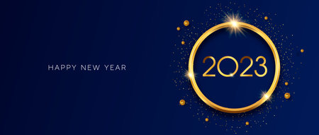 Happy New Year 2023 web banner illustration. Gold 3d ring frame with party glitter and calendar number date on bluebackground. Luxury VIP celebration event design concept.のイラスト素材