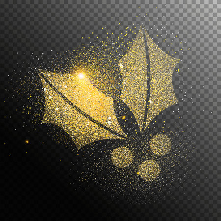 Christmas and New Year holiday gold glitter holly in transparent background. Shiny golden particles of fairy dust leaf shape. Magical light effect for luxury festive greeting card, banner or poster illustration.のイラスト素材