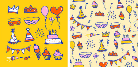 Happy Birthday doodle seamless pattern set vector design. Celebration elements in hand drawn style on yellow background. Use for fabric, wallpaper and wrapping paper.のイラスト素材
