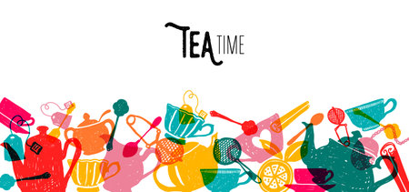 Tea time colorful banner vector design. Multicolor kitchen elements in hand drawn style on isolated white background. Use for wallpaper, decoration and fabric.のイラスト素材