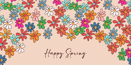Happy Spring flower banner design. Colorful natural spring time elements in freehand style on beige background. Use for wallpaper, fabric and wrapping paper.のイラスト素材
